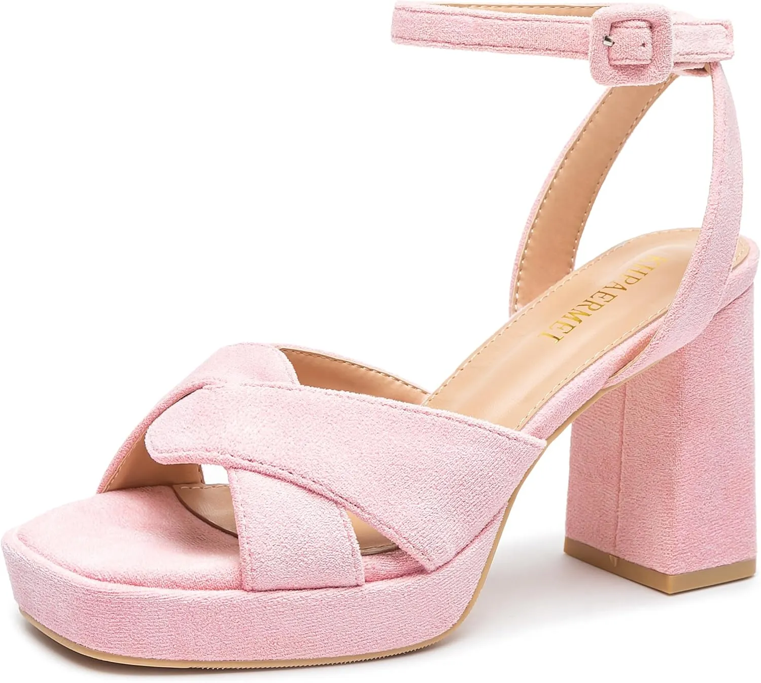 KHPAERMEI Chunky Platform Heels for Women 3.54 Inches Heeled Sandals Comfy Suede Open Toe Ankle Strap Dress High Heels Prom Wedding