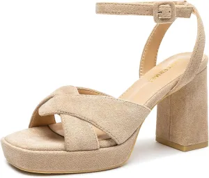 KHPAERMEI Chunky Platform Heels for Women 3.54 Inches Heeled Sandals Comfy Suede Open Toe Ankle Strap Dress High Heels Prom Wedding