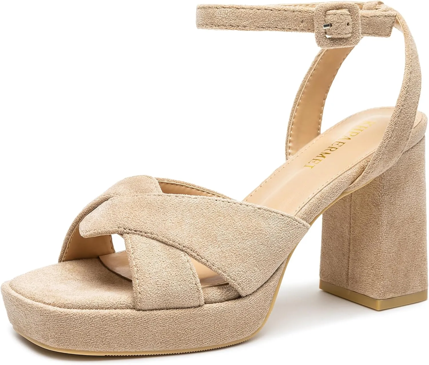 KHPAERMEI Chunky Platform Heels for Women 3.54 Inches Heeled Sandals Comfy Suede Open Toe Ankle Strap Dress High Heels Prom Wedding