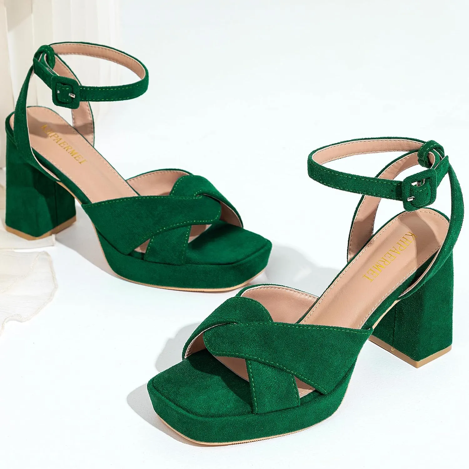 KHPAERMEI Chunky Platform Heels for Women 3.54 Inches Heeled Sandals Comfy Suede Open Toe Ankle Strap Dress High Heels Prom Wedding