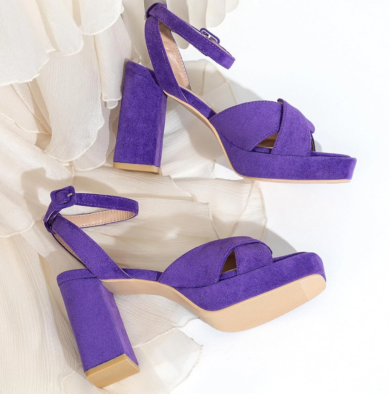 KHPAERMEI Chunky Platform Heels for Women 3.54 Inches Heeled Sandals Comfy Suede Open Toe Ankle Strap Dress High Heels Prom Wedding