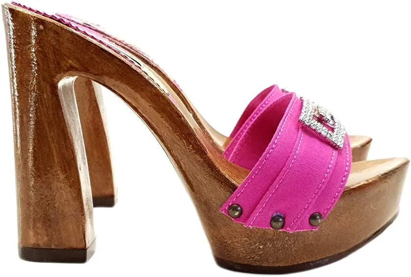 Kiara Shoes Pink Clogs with Comfy Heel and Jewel Accessory - G8105 Fuxia