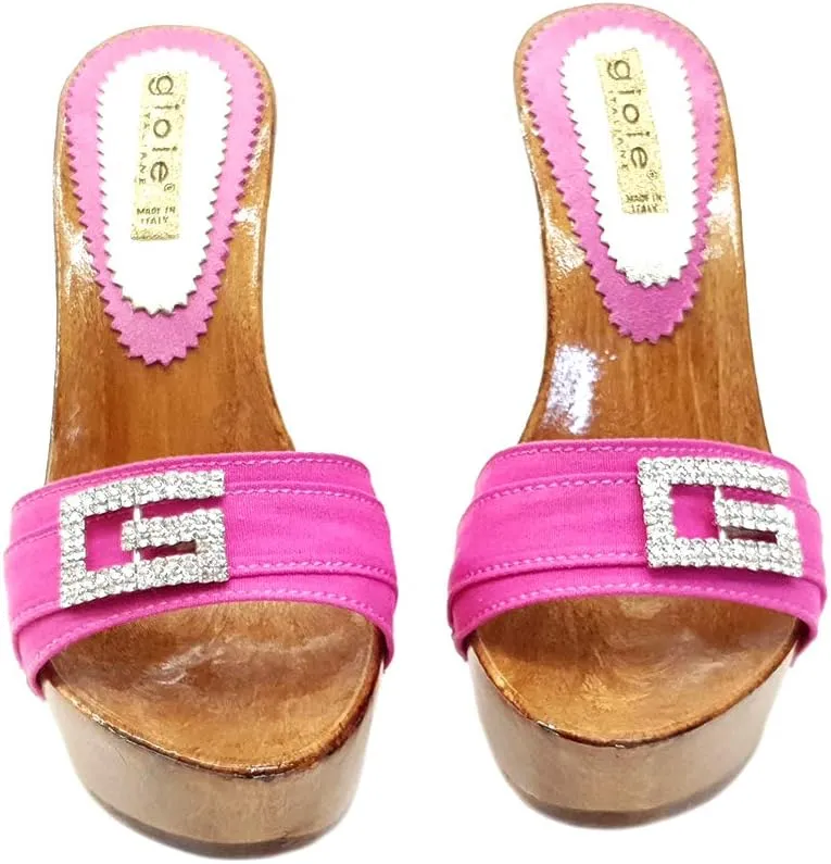 Kiara Shoes Pink Clogs with Comfy Heel and Jewel Accessory - G8105 Fuxia