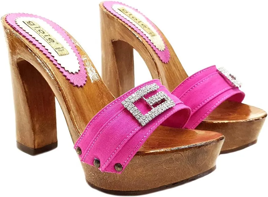 Kiara Shoes Pink Clogs with Comfy Heel and Jewel Accessory - G8105 Fuxia