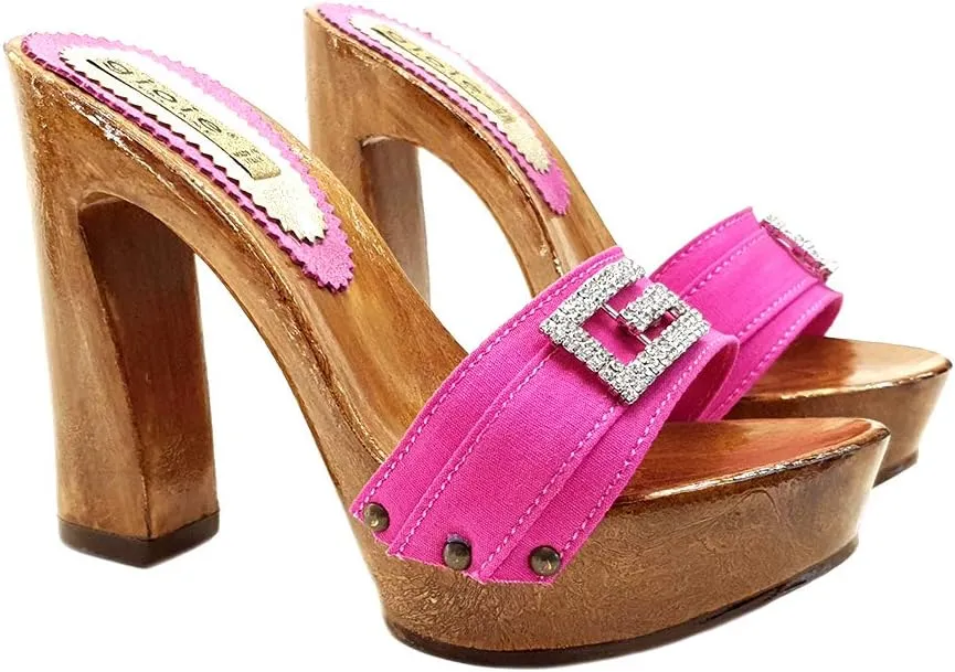 Kiara Shoes Pink Clogs with Comfy Heel and Jewel Accessory - G8105 Fuxia