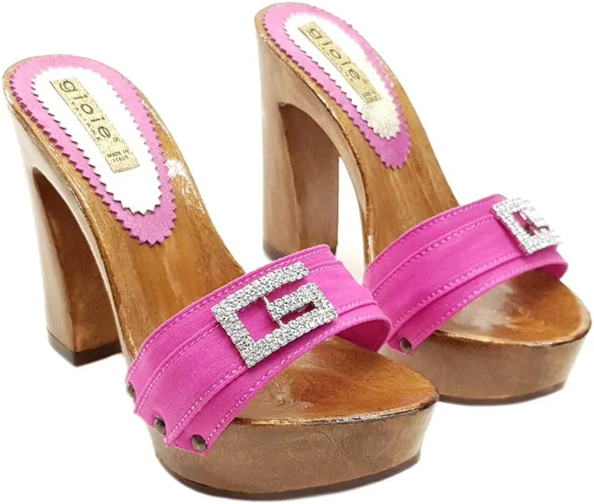 Kiara Shoes Pink Clogs with Comfy Heel and Jewel Accessory - G8105 Fuxia