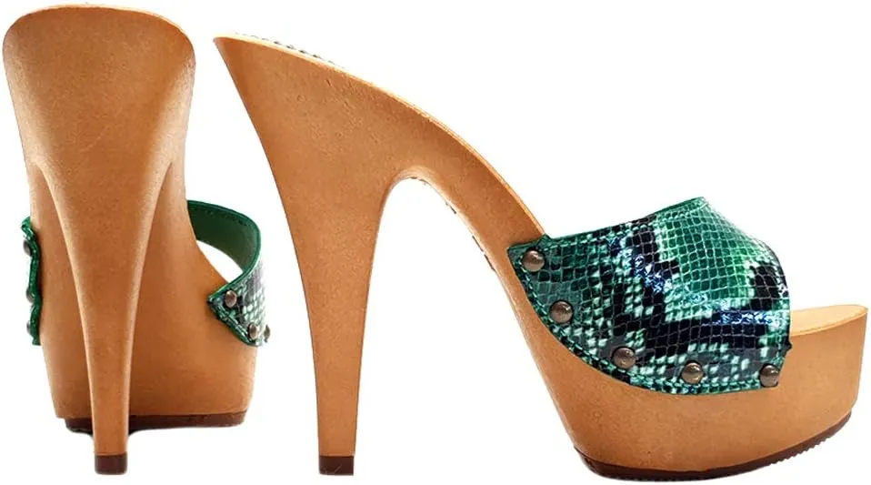 Kiara Shoes Sexy Clogs Snake-Effekt Heel 13-K93001 Pitone Brown