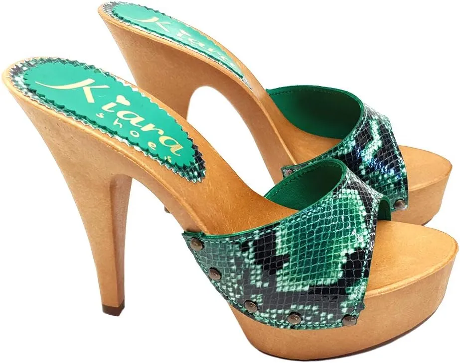 Kiara Shoes Sexy Clogs Snake-Effekt Heel 13-K93001 Pitone Brown