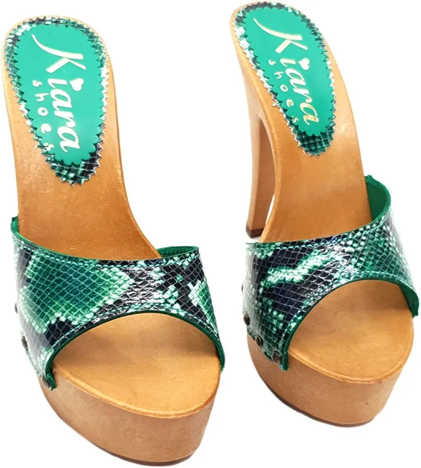 Kiara Shoes Sexy Clogs Snake-Effekt Heel 13-K93001 Pitone Brown