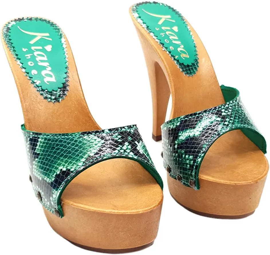 Kiara Shoes Sexy Clogs Snake-Effekt Heel 13-K93001 Pitone Brown