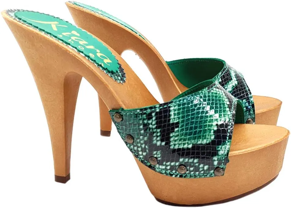 Kiara Shoes Sexy Clogs Snake-Effekt Heel 13-K93001 Pitone Brown