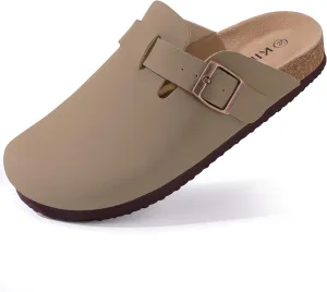 KIDMI Women's Cork Footbed Clogs Comfort Leather Mules Potato Shoes with Arch Support, Light Taupe, Size 14