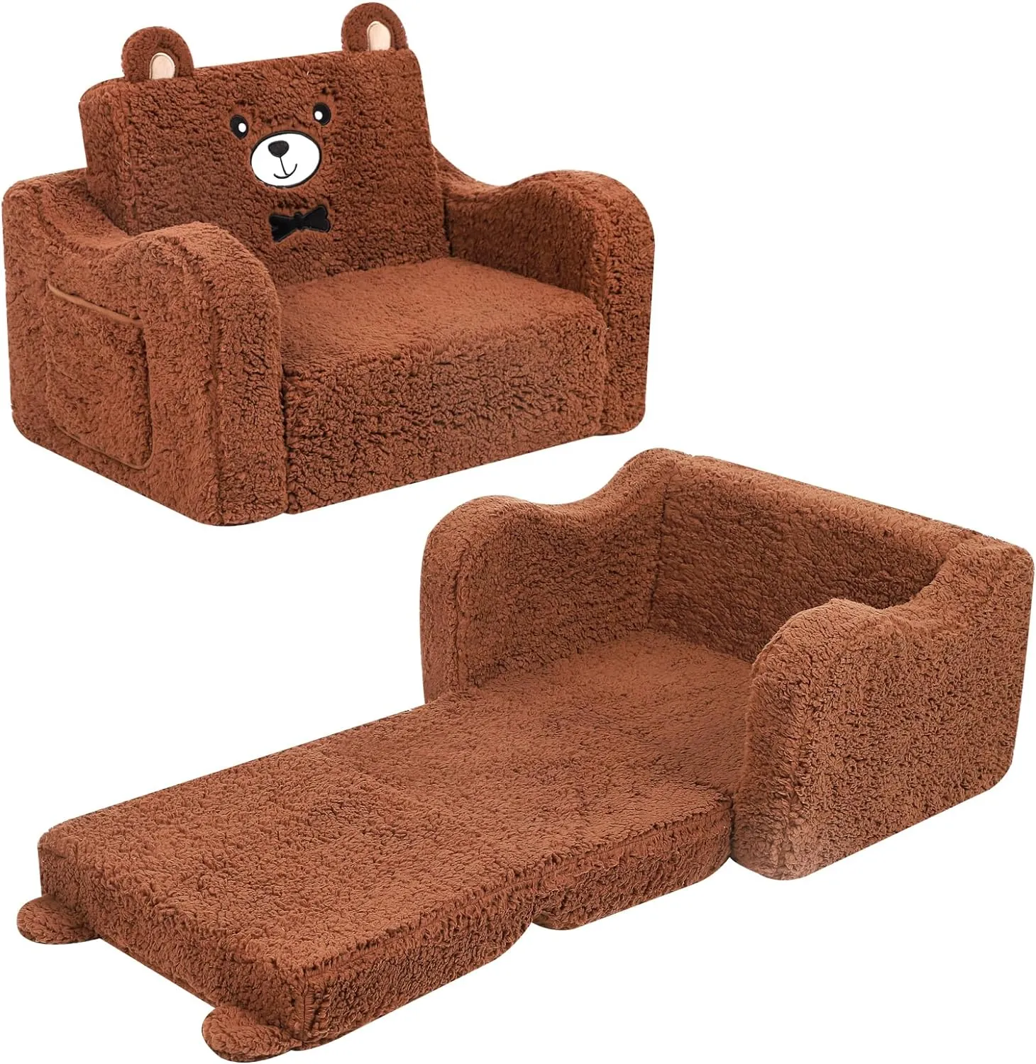Kids Chairs for Toddler, 2-in-1 Toddler Soft Sherpa Couch Fold Out, Convertible Sofa to Lounger for Girls and Boys, Teddy Bear, Brown