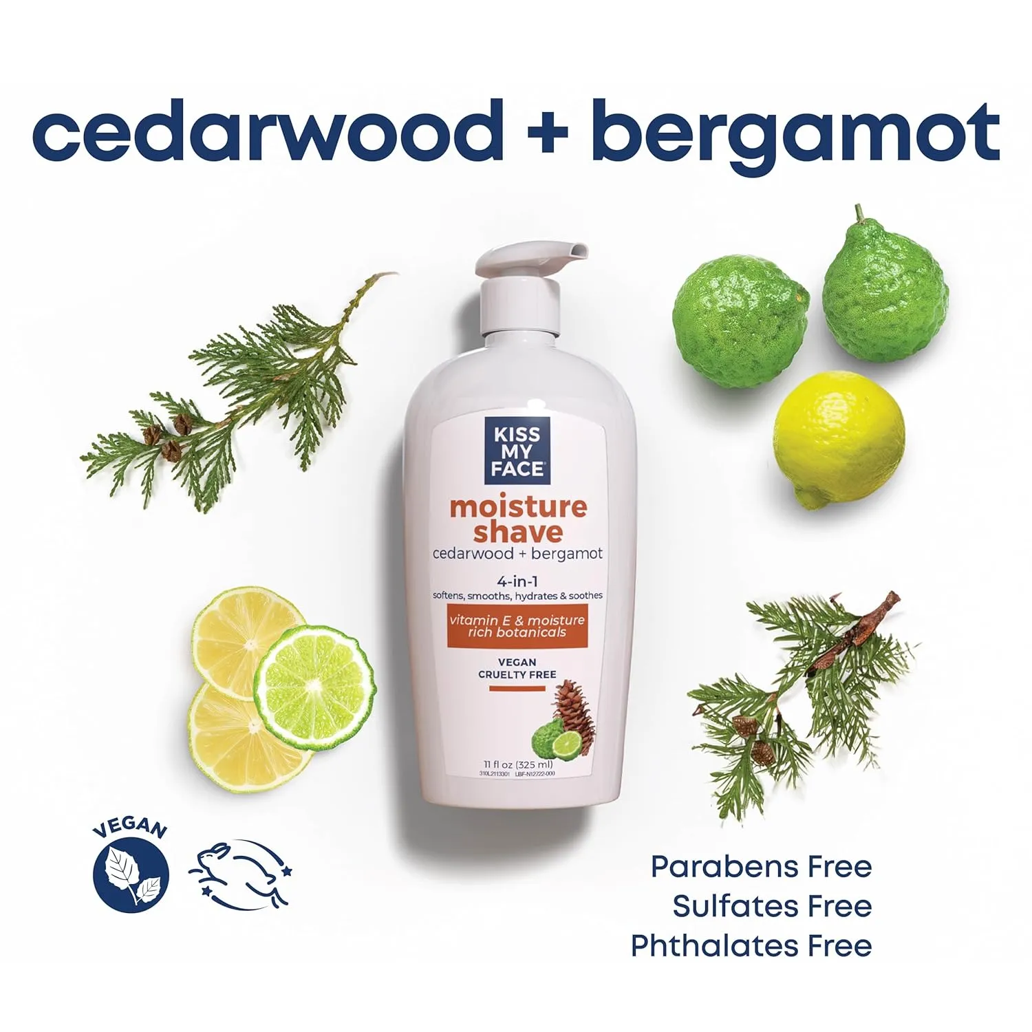 Kiss My Face Cedarwood   Bergamot Moisture Shave - 4 In 1 Shaving Cream - Cruelty Free and Vegan - With added Olive Oil and Aloe Leaf Extract - Vitamin E Rich