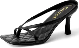 Kitten Heels for Women Square Open Toe Sandals Dressy Wedding Party Shoes Flip Flops T Strap Slip On 3inch High Heels