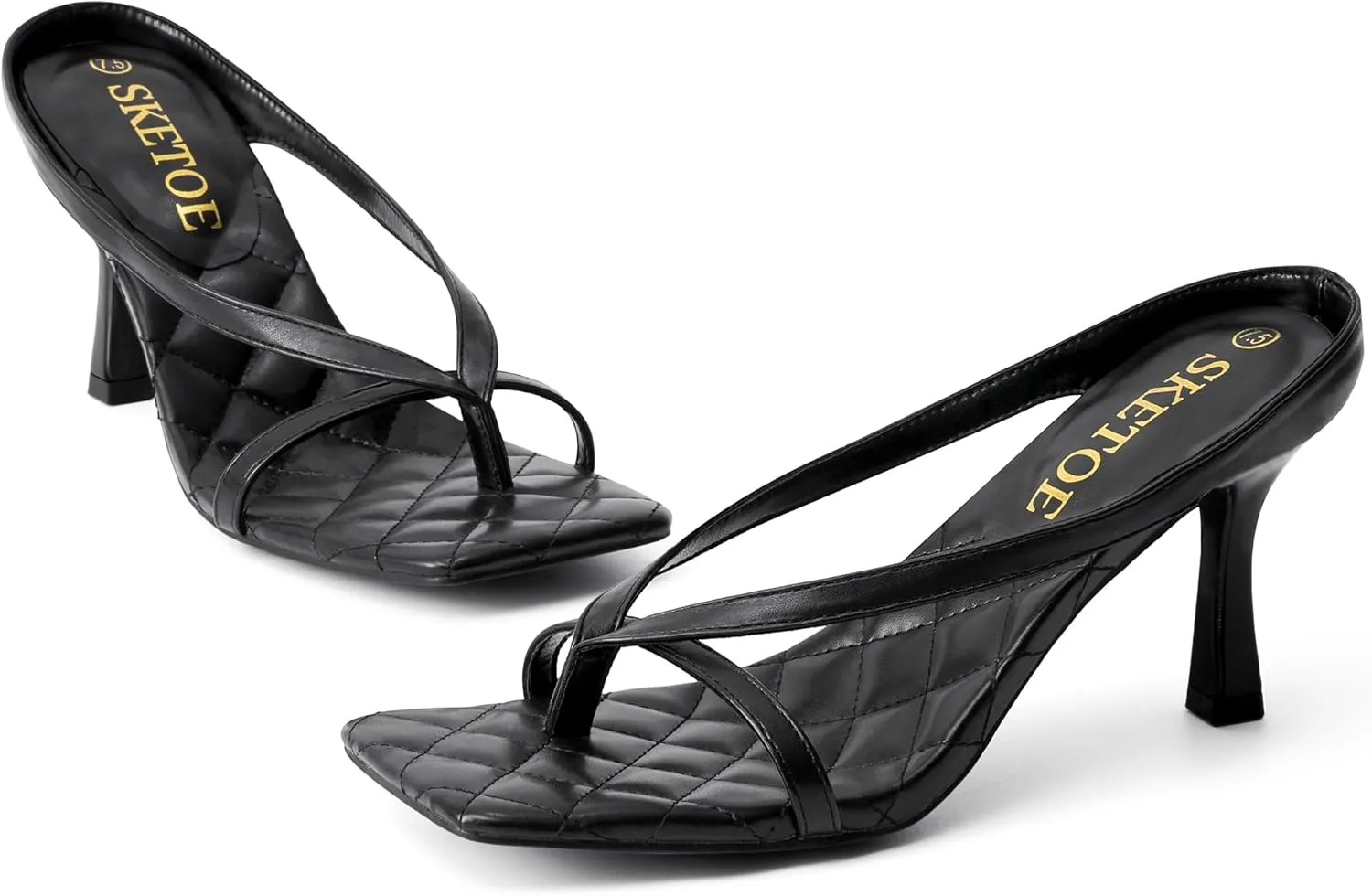 Kitten Heels for Women Square Open Toe Sandals Dressy Wedding Party Shoes Flip Flops T Strap Slip On 3inch High Heels