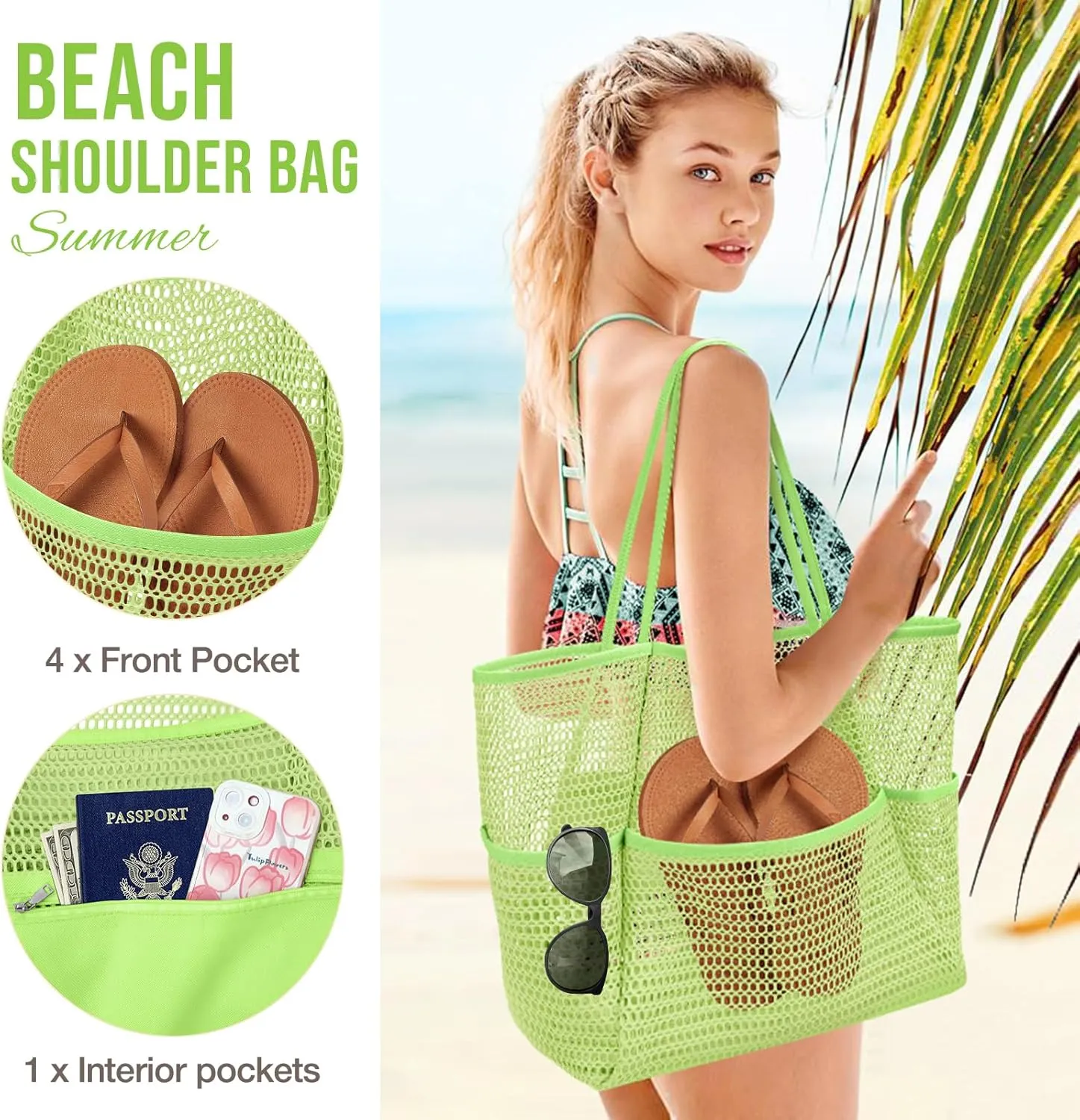 KPX Beach Bag with Mini Pocket, Beach Tote Bags for Women Large Foldable Mesh Swimming Pool Travel Bags - Sandproof