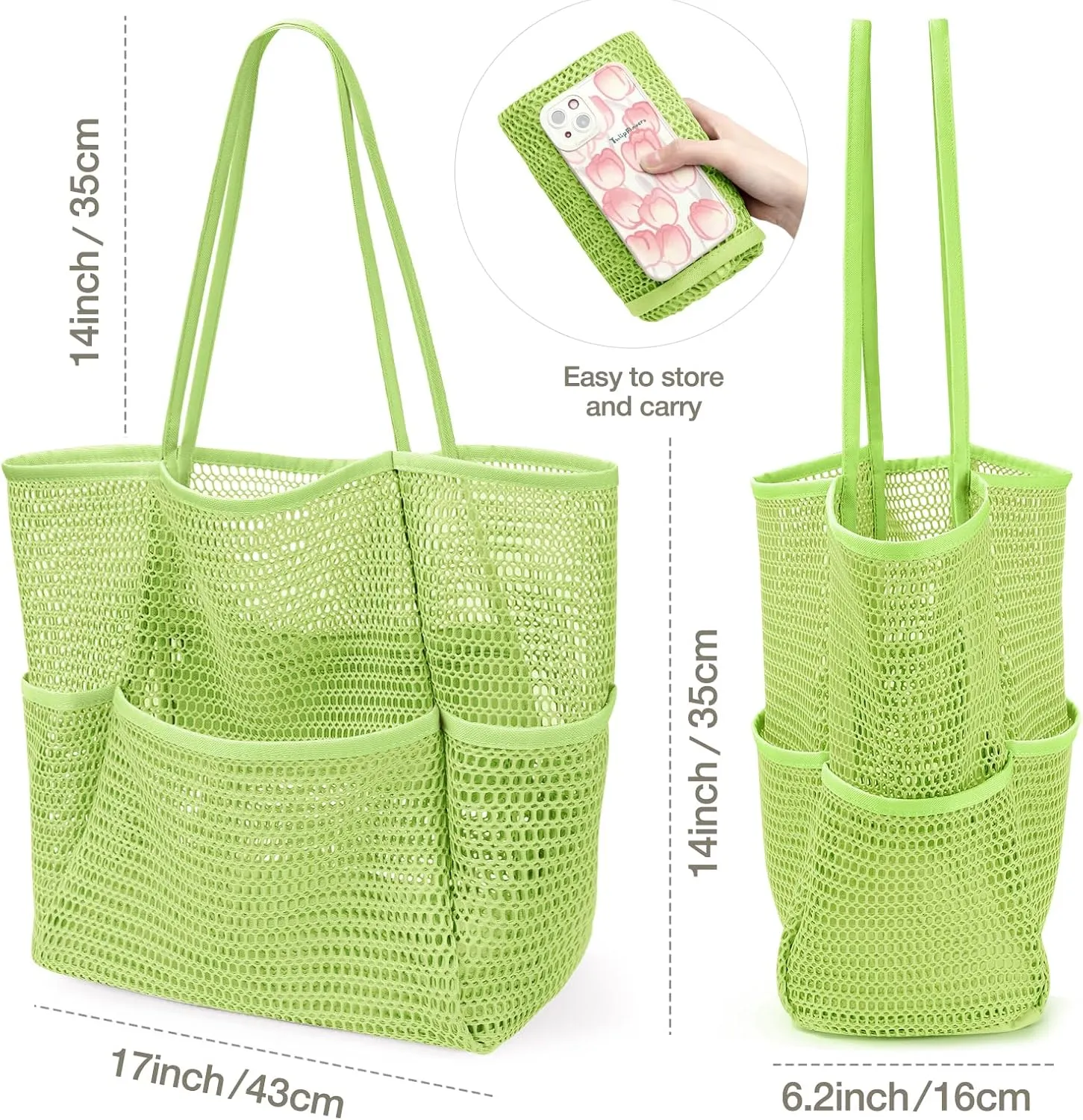KPX Beach Bag with Mini Pocket, Beach Tote Bags for Women Large Foldable Mesh Swimming Pool Travel Bags - Sandproof
