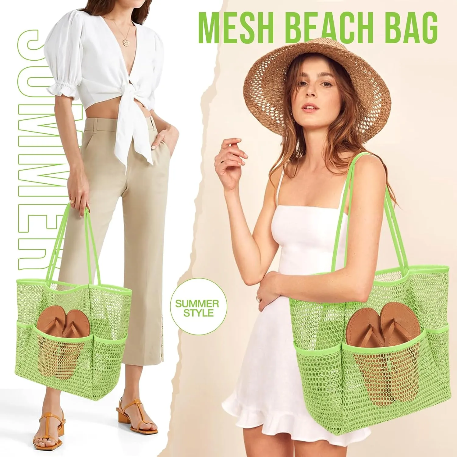 KPX Beach Bag with Mini Pocket, Beach Tote Bags for Women Large Foldable Mesh Swimming Pool Travel Bags - Sandproof