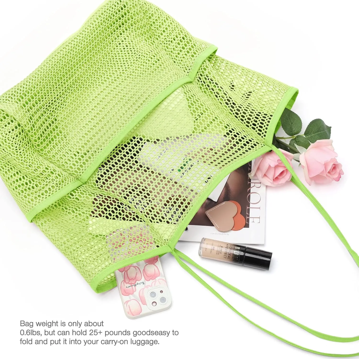 KPX Beach Bag with Mini Pocket, Beach Tote Bags for Women Large Foldable Mesh Swimming Pool Travel Bags - Sandproof