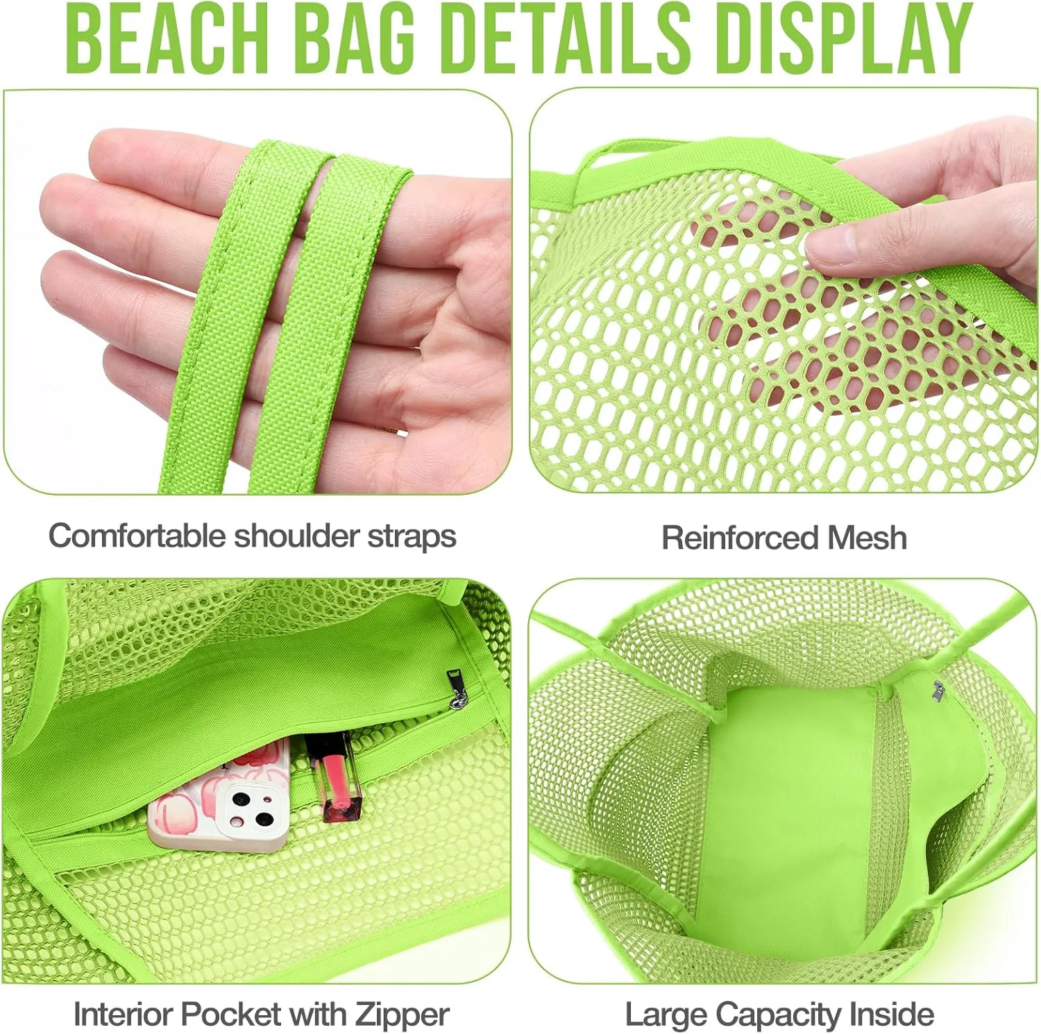 KPX Beach Bag with Mini Pocket, Beach Tote Bags for Women Large Foldable Mesh Swimming Pool Travel Bags - Sandproof
