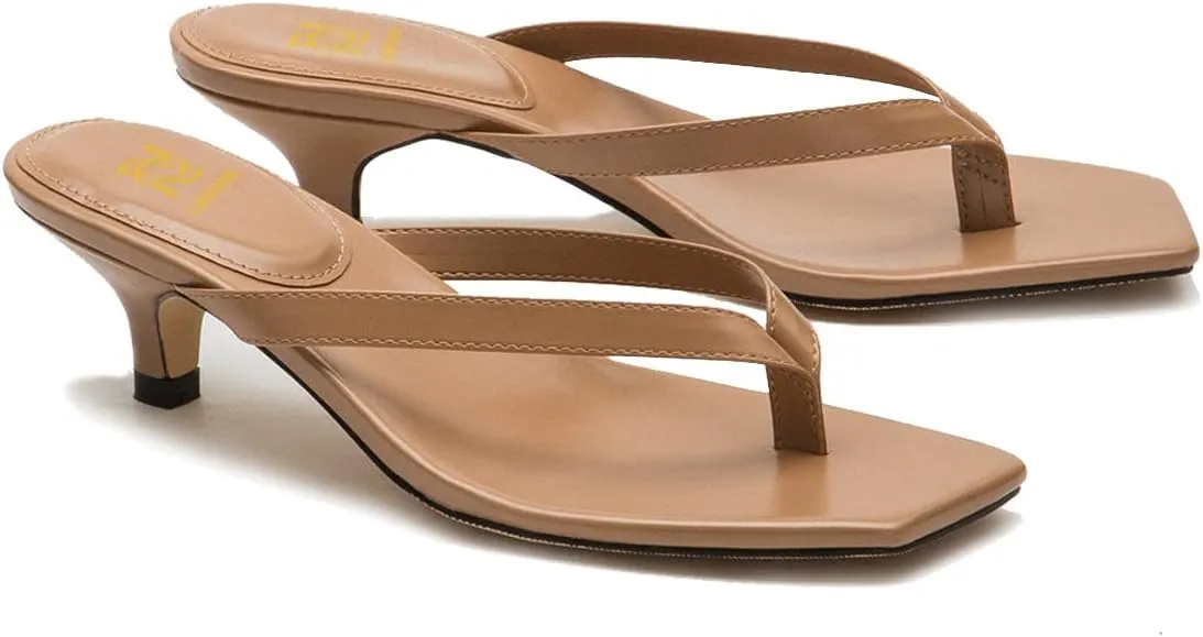 LEHOOR Flip-Flops Mules Kitten Heels Thong Sandals Square Open Toe for Women Slim Matte Leather T-Straps mules slippers kitten heeled Summer Comfortable for Daily Wear Beach