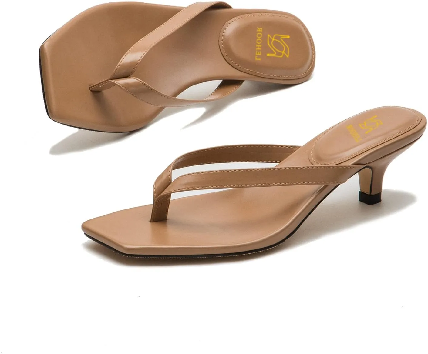 LEHOOR Flip-Flops Mules Kitten Heels Thong Sandals Square Open Toe for Women Slim Matte Leather T-Straps mules slippers kitten heeled Summer Comfortable for Daily Wear Beach