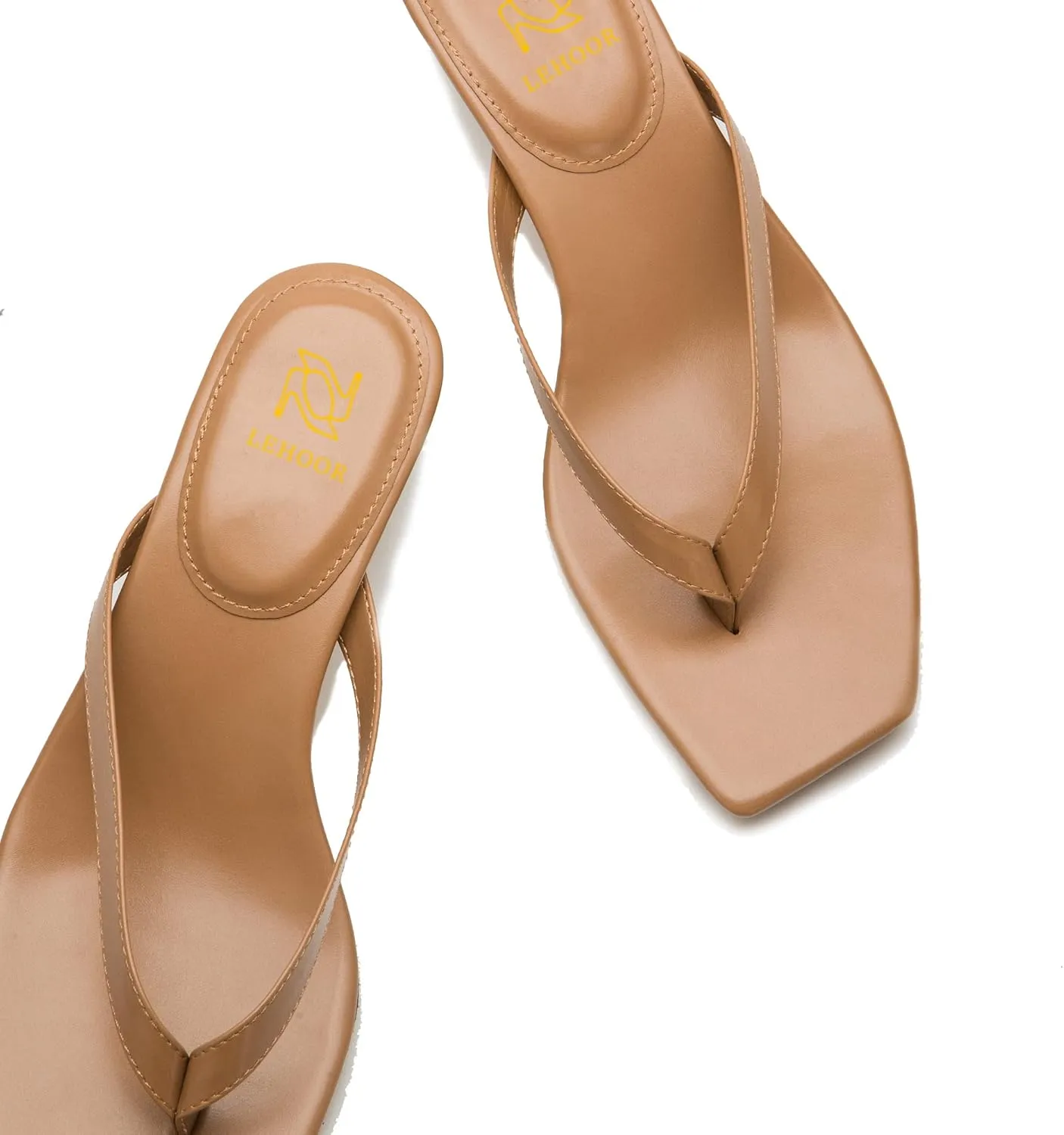 LEHOOR Flip-Flops Mules Kitten Heels Thong Sandals Square Open Toe for Women Slim Matte Leather T-Straps mules slippers kitten heeled Summer Comfortable for Daily Wear Beach