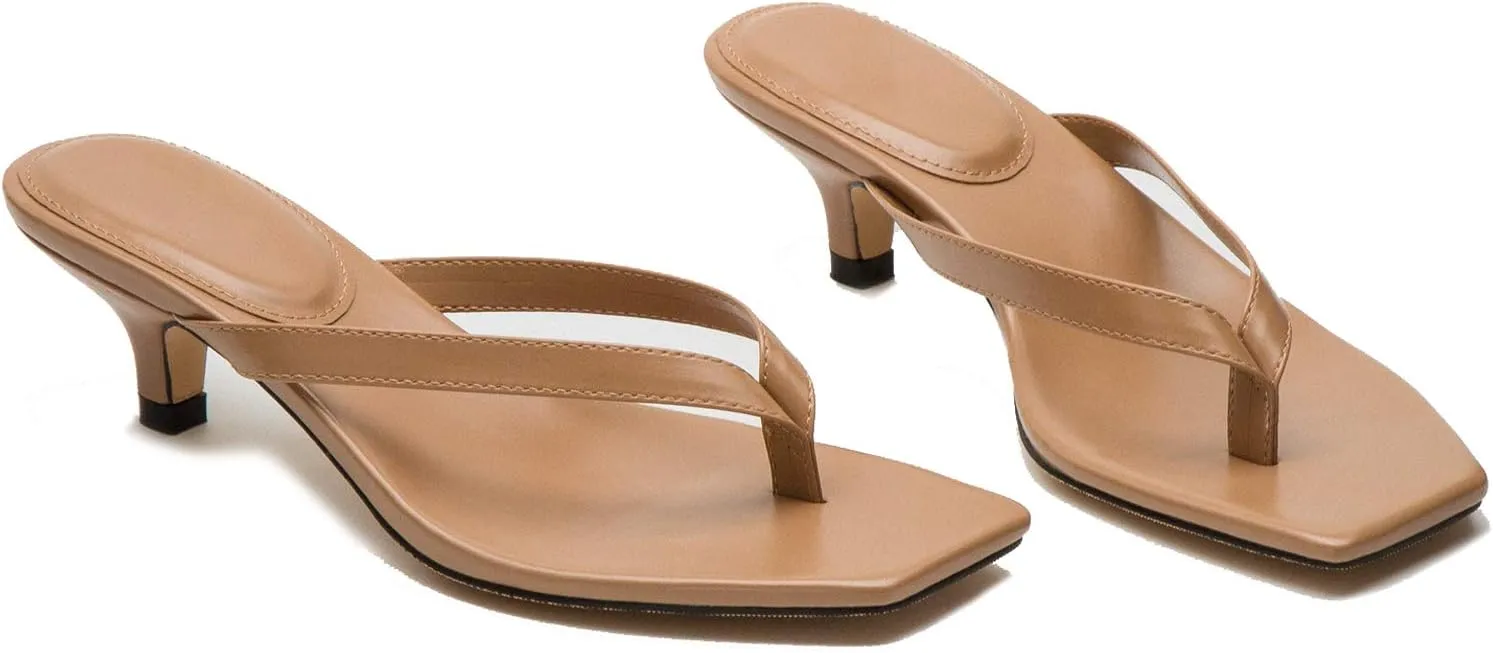 LEHOOR Flip-Flops Mules Kitten Heels Thong Sandals Square Open Toe for Women Slim Matte Leather T-Straps mules slippers kitten heeled Summer Comfortable for Daily Wear Beach