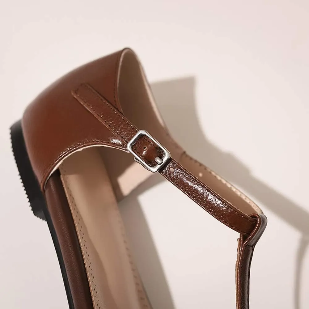 LEHOOR Women Pointed Toe T-Strap Flats Ankle Strap Genuine Leather Low Heel Pumps Closed Toe Summer Trendy Sandals for Women Comfortable Concise Dress Shoes 4-10 M US