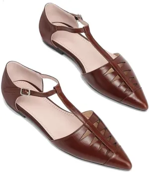 LEHOOR Women Pointed Toe T-Strap Flats Ankle Strap Genuine Leather Low Heel Pumps Closed Toe Summer Trendy Sandals for Women Comfortable Concise Dress Shoes 4-10 M US