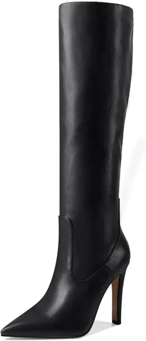 LEMUTISME Women's Classic Pointed Toe Stitchcraft Slouchy Wide Calf Slip On Elegant Stiletto High Heel Knee High Boots