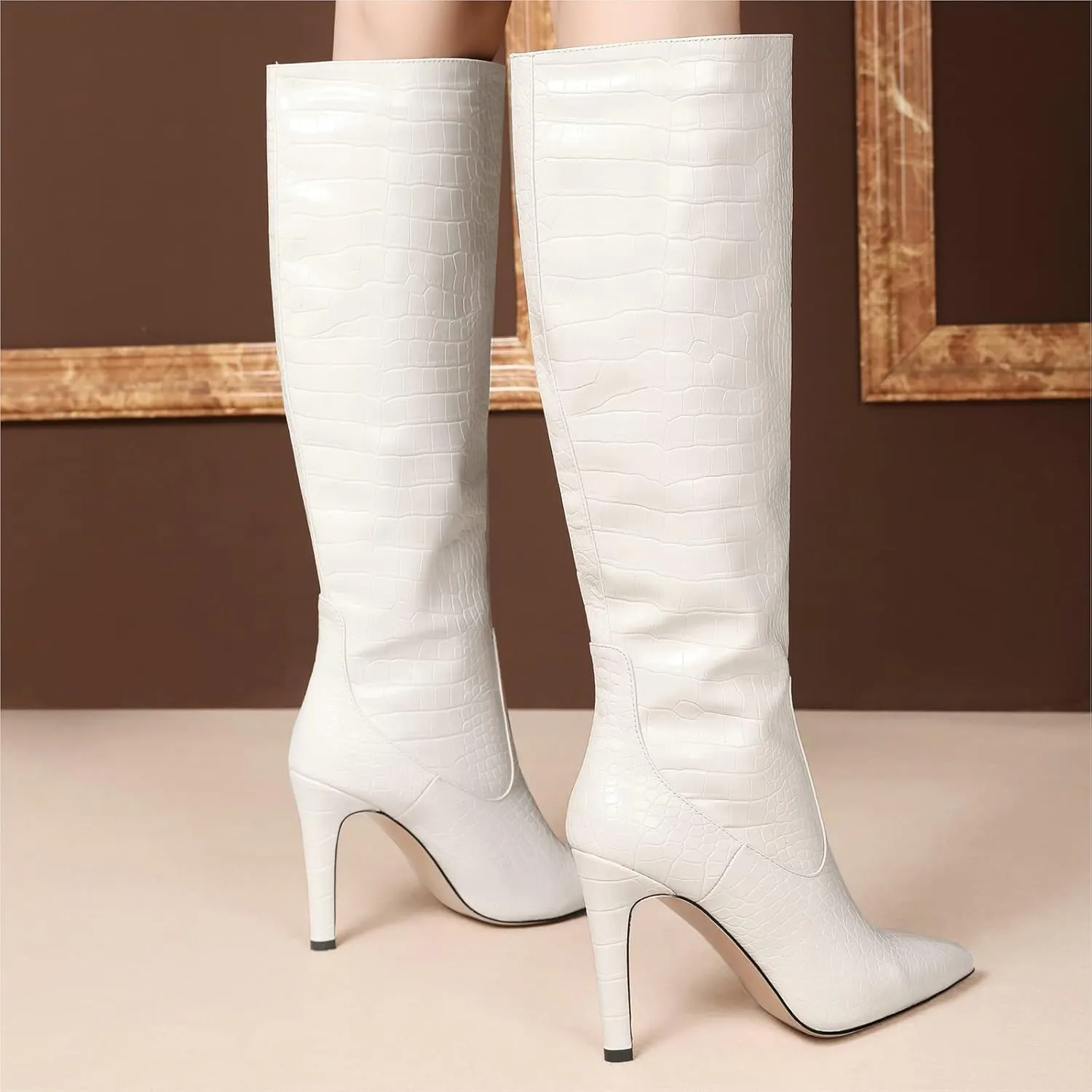 LEMUTISME Women's Classic Pointed Toe Stitchcraft Slouchy Wide Calf Slip On Elegant Stiletto High Heel Knee High Boots