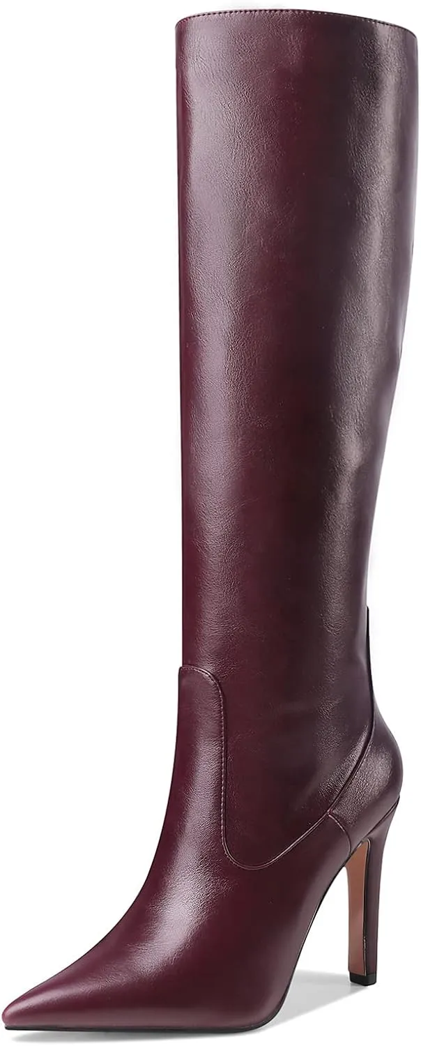 LEMUTISME Women's Classic Pointed Toe Stitchcraft Slouchy Wide Calf Slip On Elegant Stiletto High Heel Knee High Boots