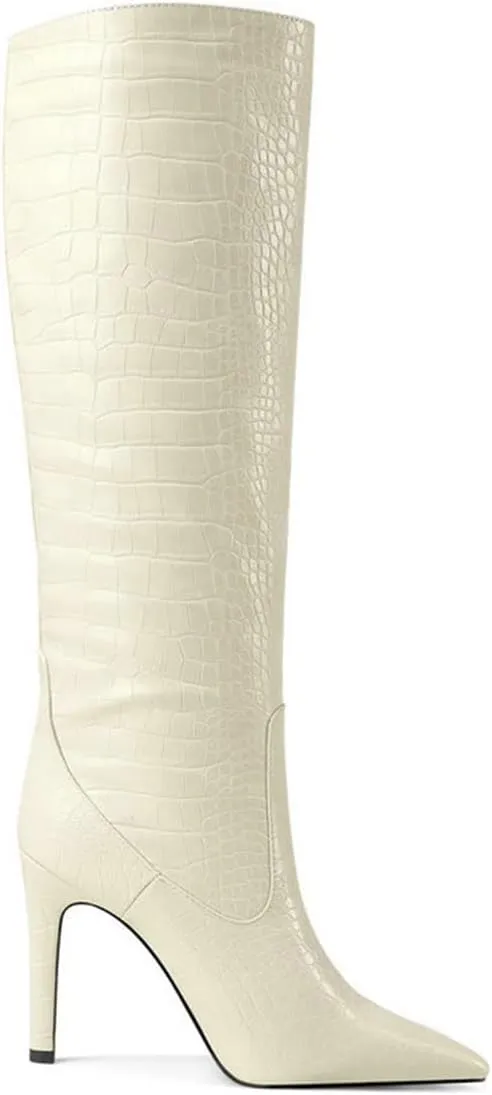 LEMUTISME Women's Classic Pointed Toe Stitchcraft Slouchy Wide Calf Slip On Elegant Stiletto High Heel Knee High Boots