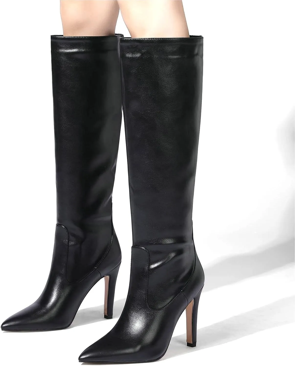LEMUTISME Women's Classic Pointed Toe Stitchcraft Slouchy Wide Calf Slip On Elegant Stiletto High Heel Knee High Boots