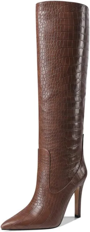 LEMUTISME Women's Classic Pointed Toe Stitchcraft Slouchy Wide Calf Slip On Elegant Stiletto High Heel Knee High Boots