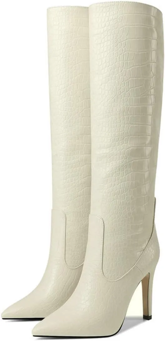 LEMUTISME Women's Classic Pointed Toe Stitchcraft Slouchy Wide Calf Slip On Elegant Stiletto High Heel Knee High Boots