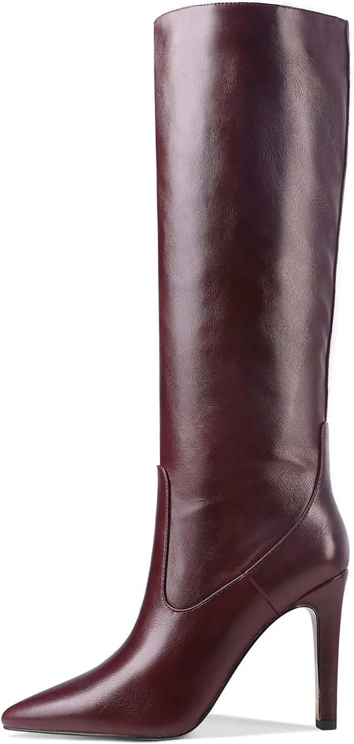 LEMUTISME Women's Classic Pointed Toe Stitchcraft Slouchy Wide Calf Slip On Elegant Stiletto High Heel Knee High Boots