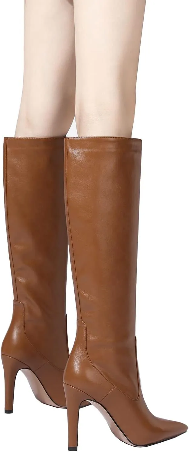 LEMUTISME Women's Classic Pointed Toe Stitchcraft Slouchy Wide Calf Slip On Elegant Stiletto High Heel Knee High Boots