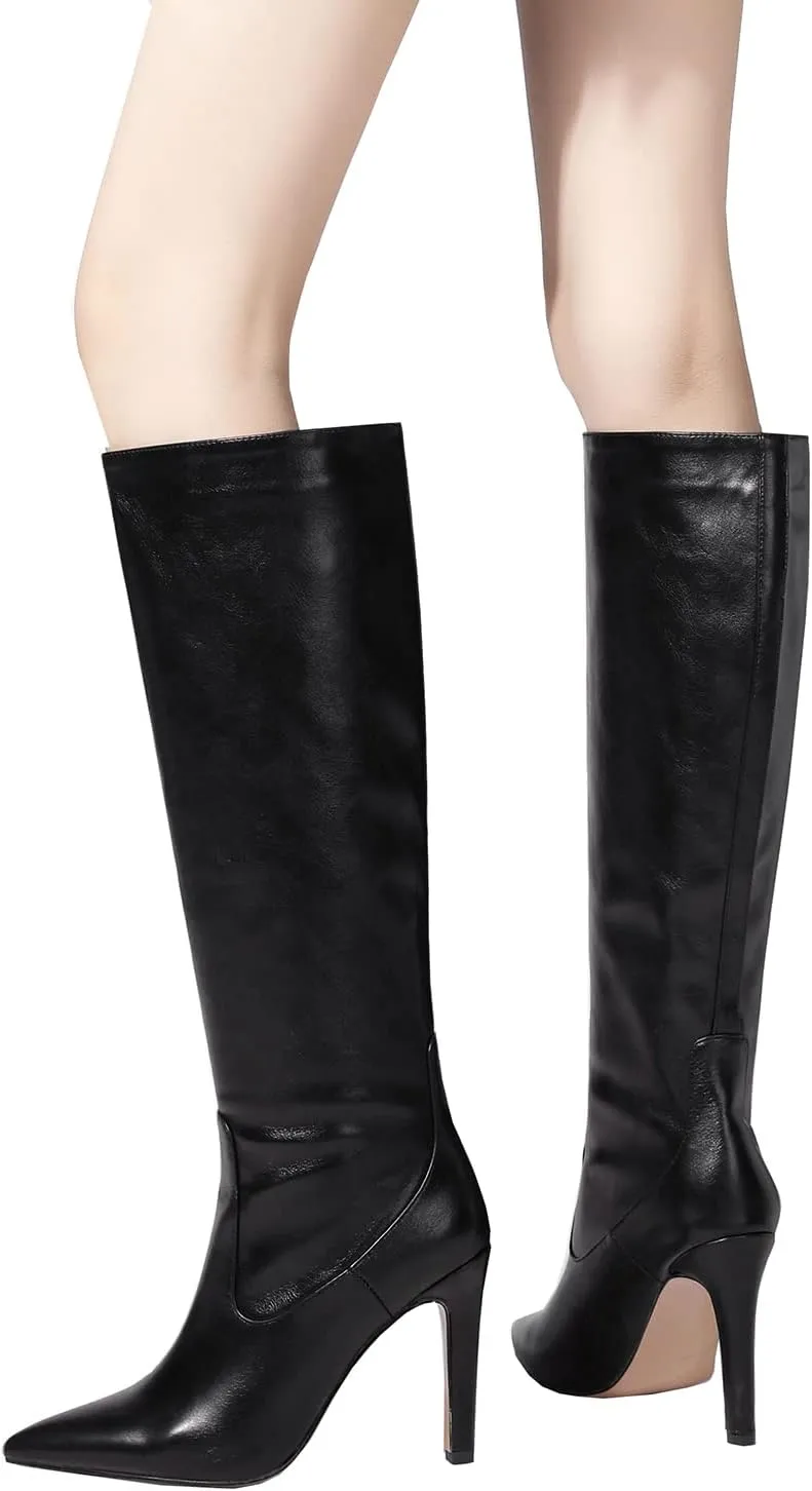 LEMUTISME Women's Classic Pointed Toe Stitchcraft Slouchy Wide Calf Slip On Elegant Stiletto High Heel Knee High Boots