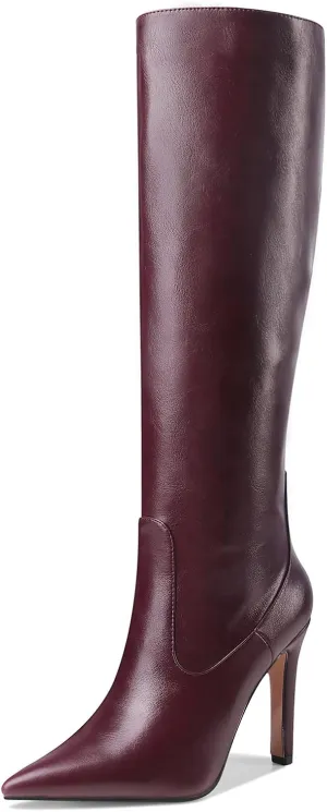 LEMUTISME Women's Classic Pointed Toe Stitchcraft Slouchy Wide Calf Slip On Elegant Stiletto High Heel Knee High Boots