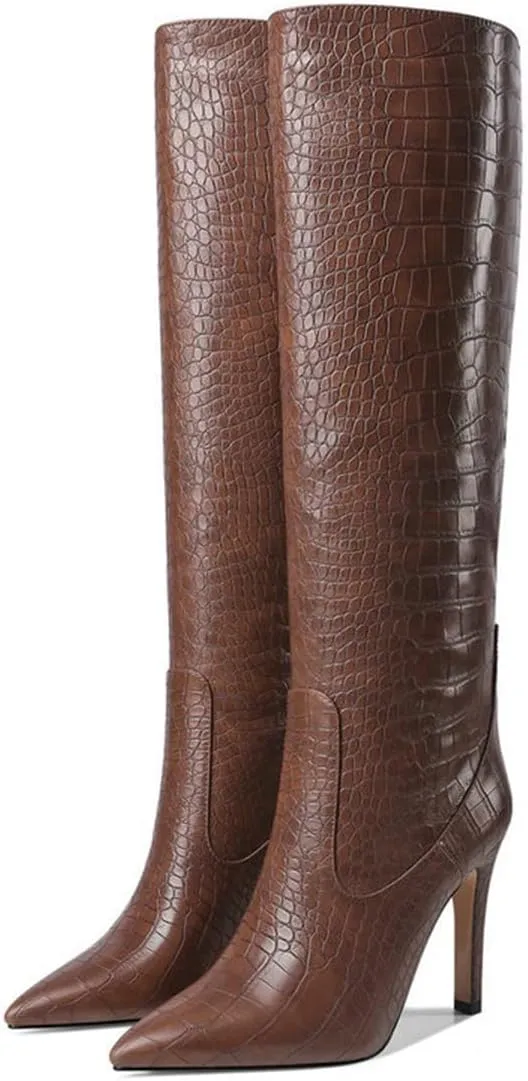 LEMUTISME Women's Classic Pointed Toe Stitchcraft Slouchy Wide Calf Slip On Elegant Stiletto High Heel Knee High Boots