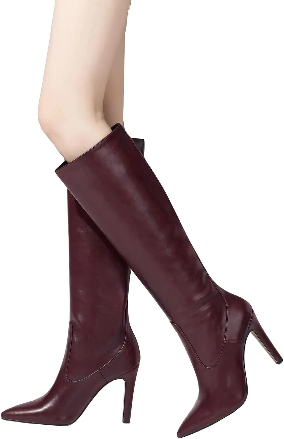 LEMUTISME Women's Classic Pointed Toe Stitchcraft Slouchy Wide Calf Slip On Elegant Stiletto High Heel Knee High Boots