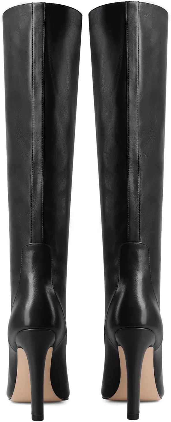 LEMUTISME Women's Classic Pointed Toe Stitchcraft Slouchy Wide Calf Slip On Elegant Stiletto High Heel Knee High Boots