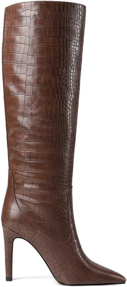 LEMUTISME Women's Classic Pointed Toe Stitchcraft Slouchy Wide Calf Slip On Elegant Stiletto High Heel Knee High Boots
