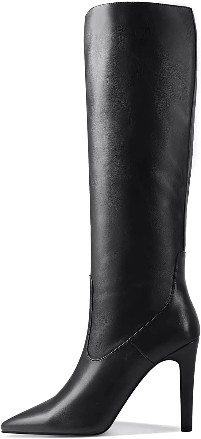 LEMUTISME Women's Classic Pointed Toe Stitchcraft Slouchy Wide Calf Slip On Elegant Stiletto High Heel Knee High Boots