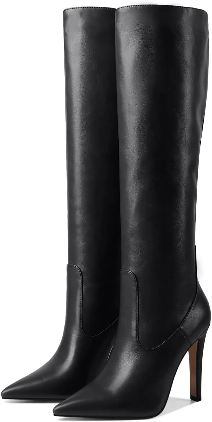 LEMUTISME Women's Classic Pointed Toe Stitchcraft Slouchy Wide Calf Slip On Elegant Stiletto High Heel Knee High Boots