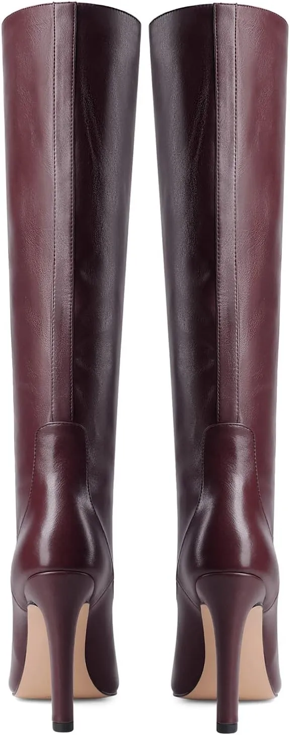 LEMUTISME Women's Classic Pointed Toe Stitchcraft Slouchy Wide Calf Slip On Elegant Stiletto High Heel Knee High Boots