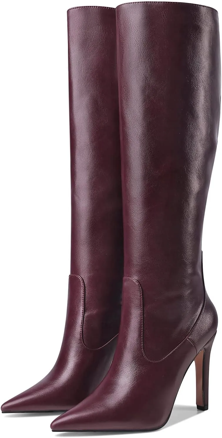 LEMUTISME Women's Classic Pointed Toe Stitchcraft Slouchy Wide Calf Slip On Elegant Stiletto High Heel Knee High Boots